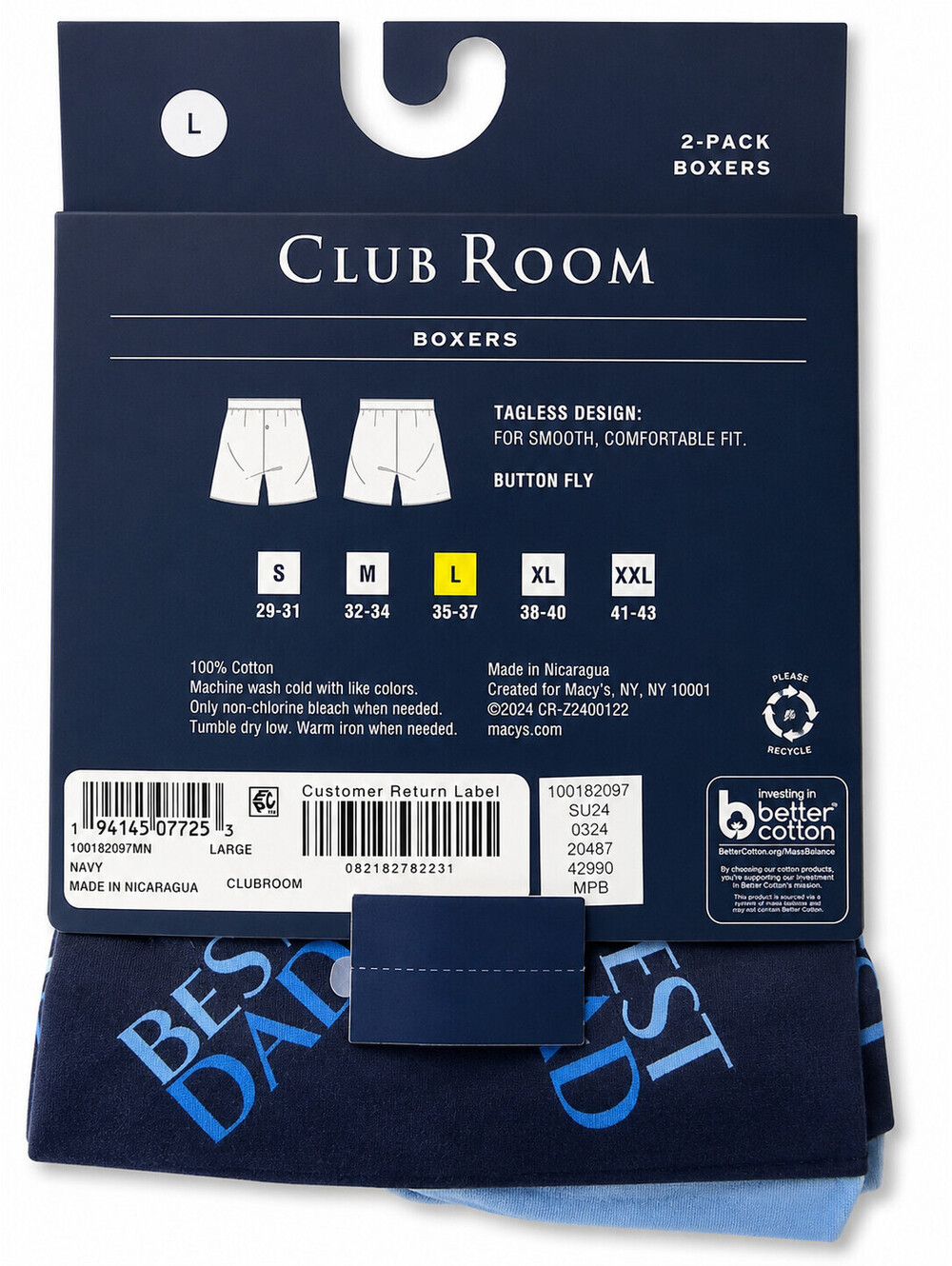 Club Room Men's 2-Pack Cotton Boxers Best Dad Print Navy & Lt Blue Size L NWT